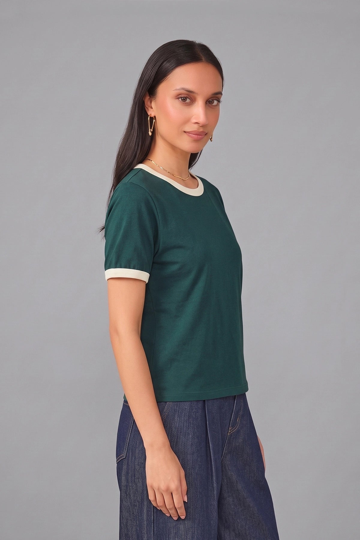 Women Contrast Ribbed Tee | Dark Teal Green