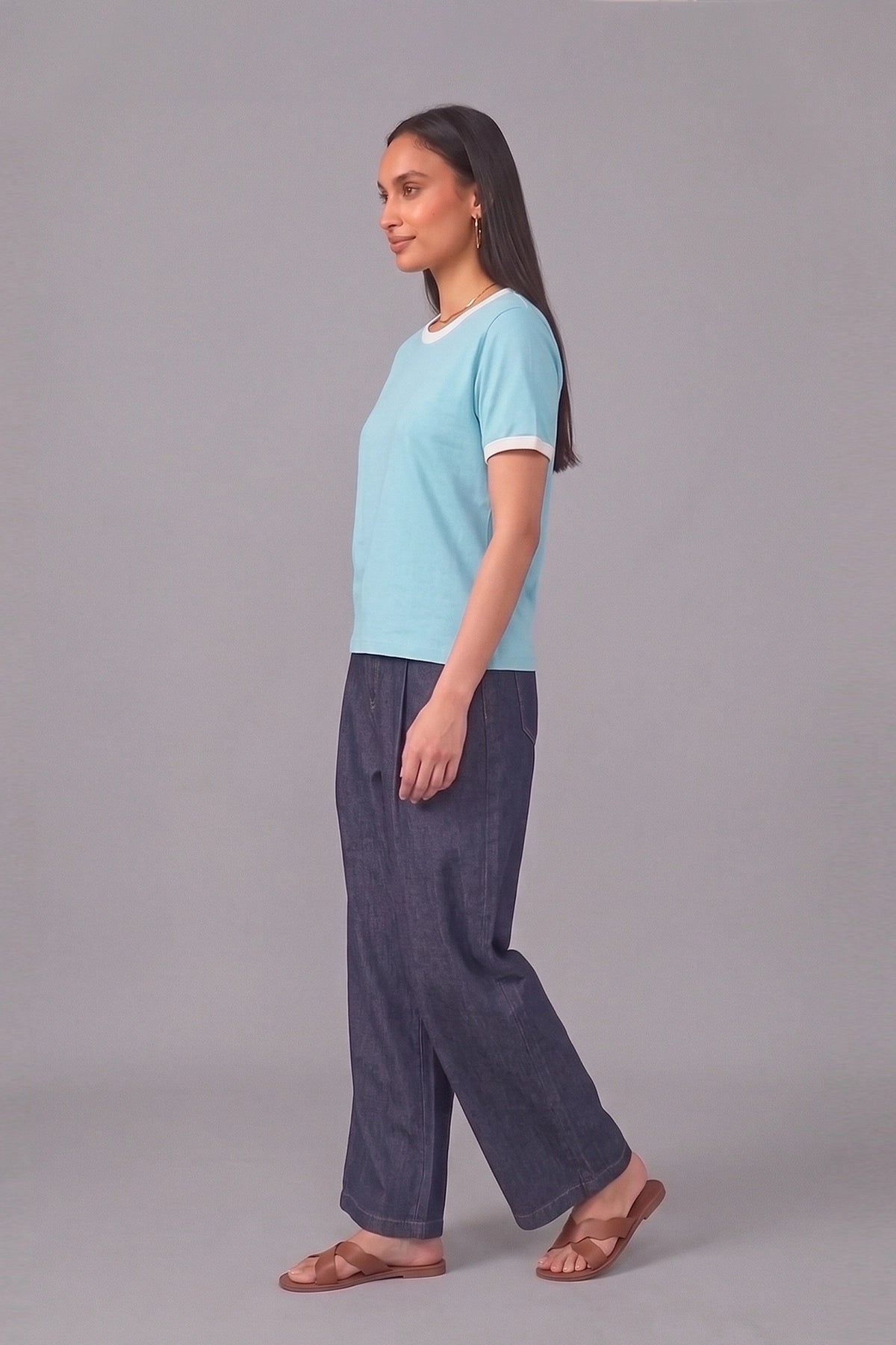 Women Contrast Ribbed Tee | Sky Blue