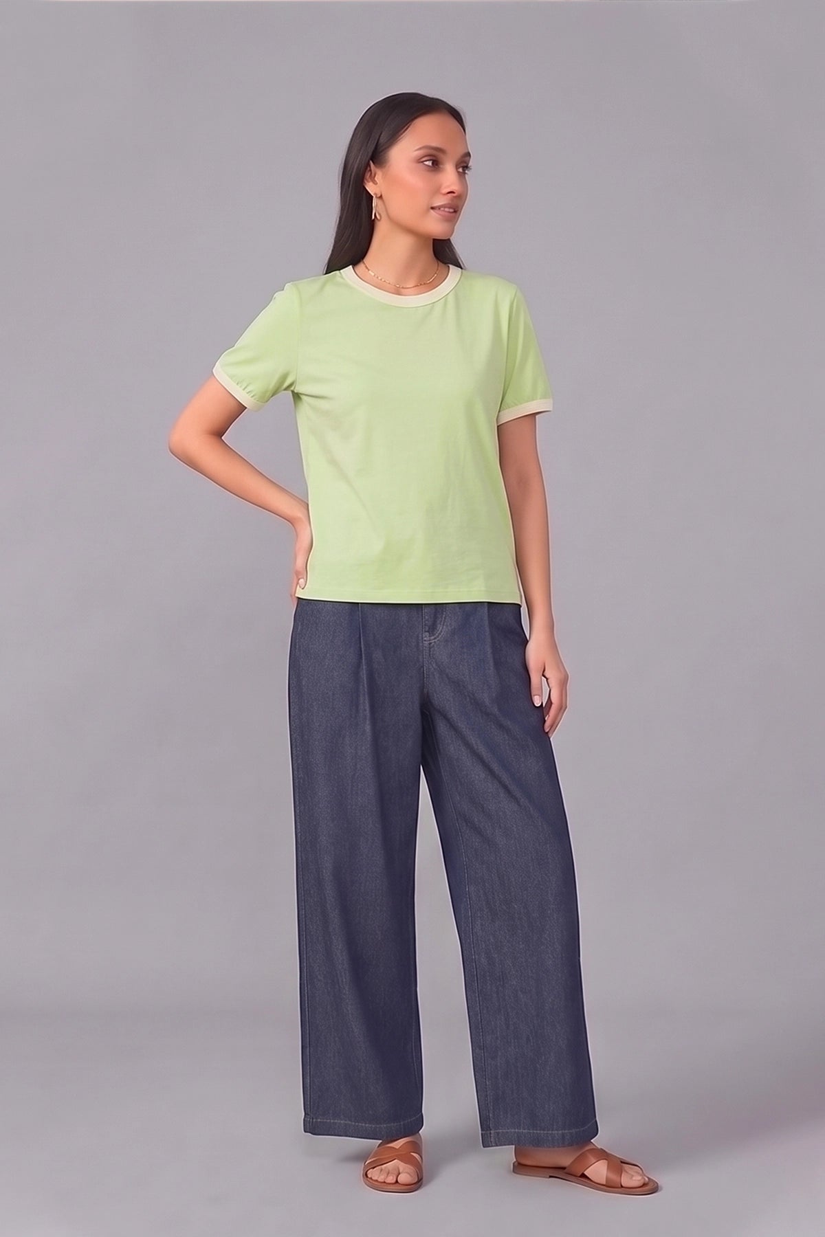 Women Contrast Ribbed Tee | Mint Green
