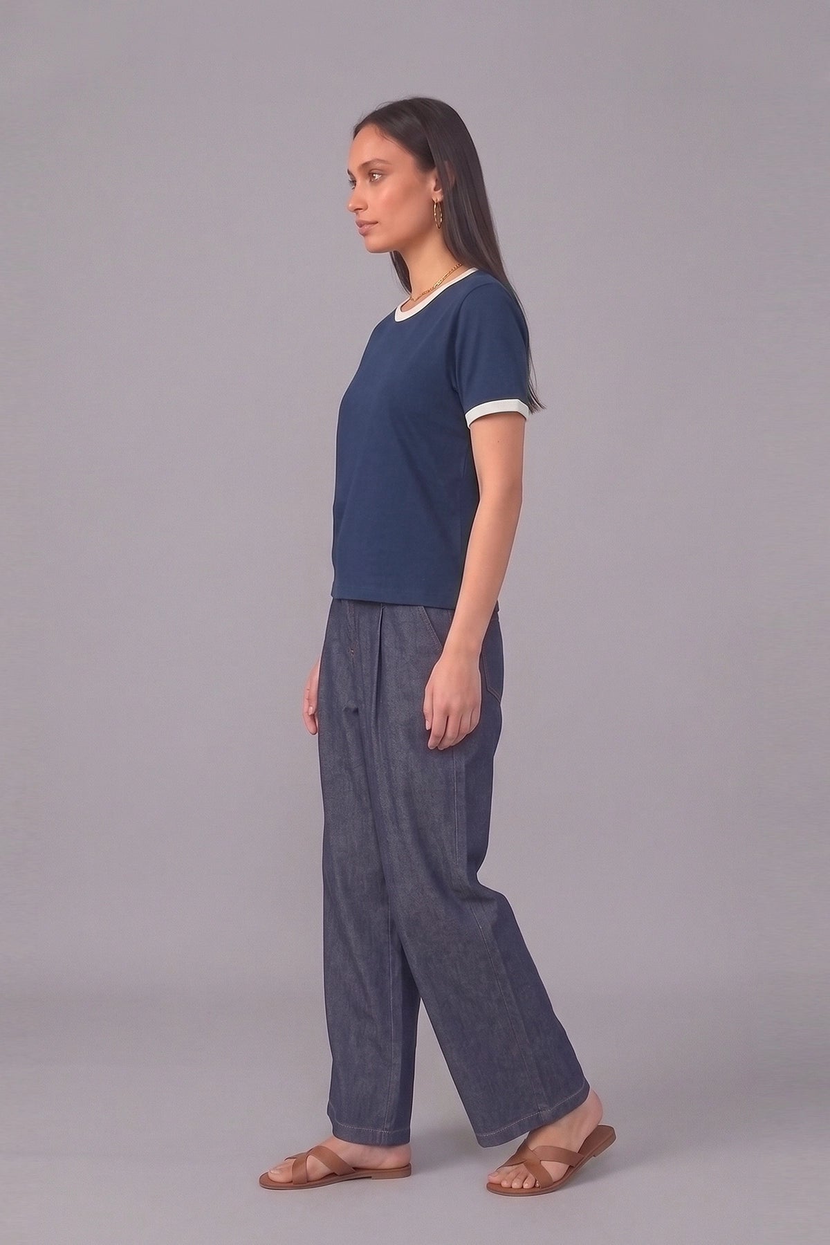 Women Contrast Ribbed Tee | Navy Blue