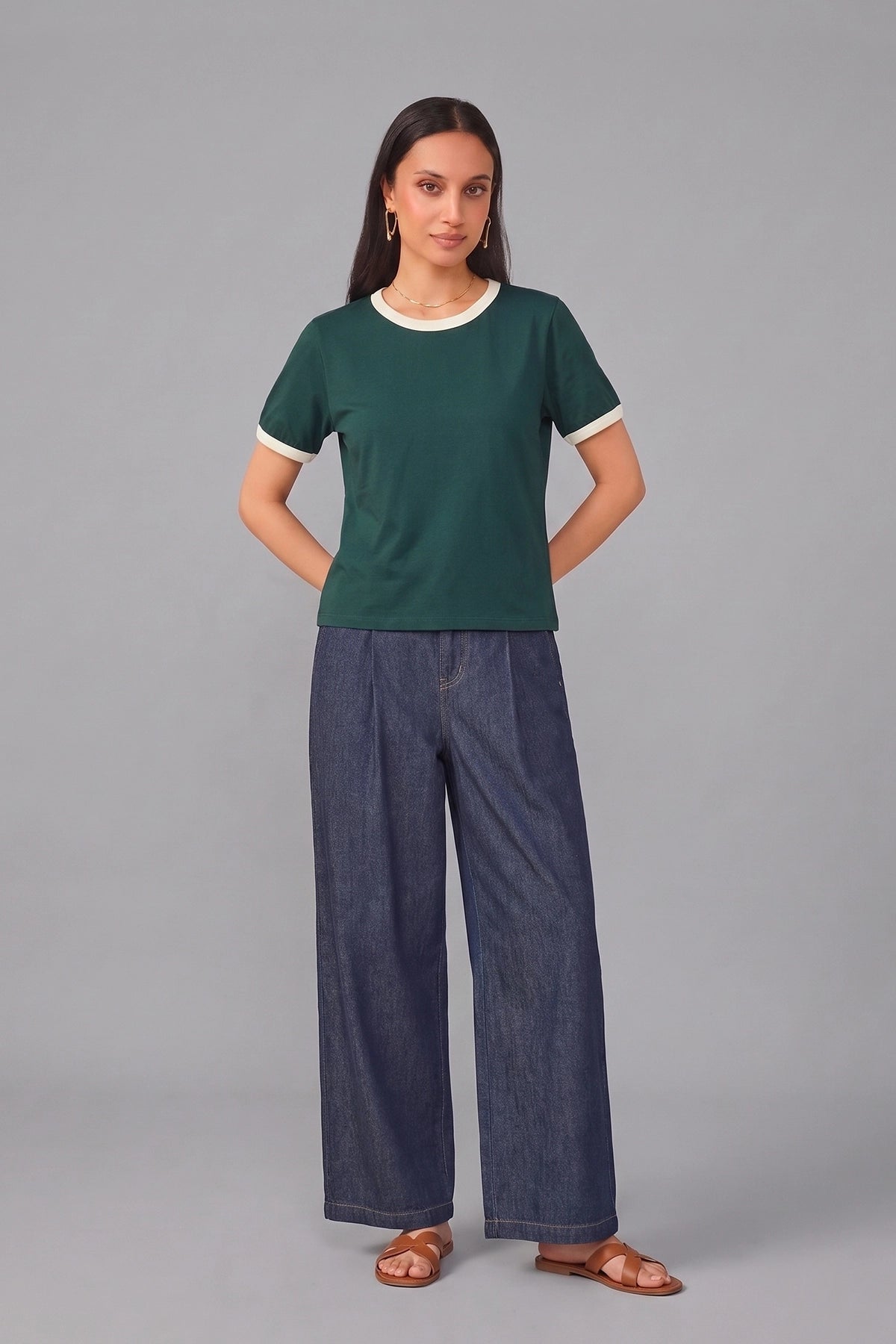 Women Contrast Ribbed Tee | Dark Teal Green