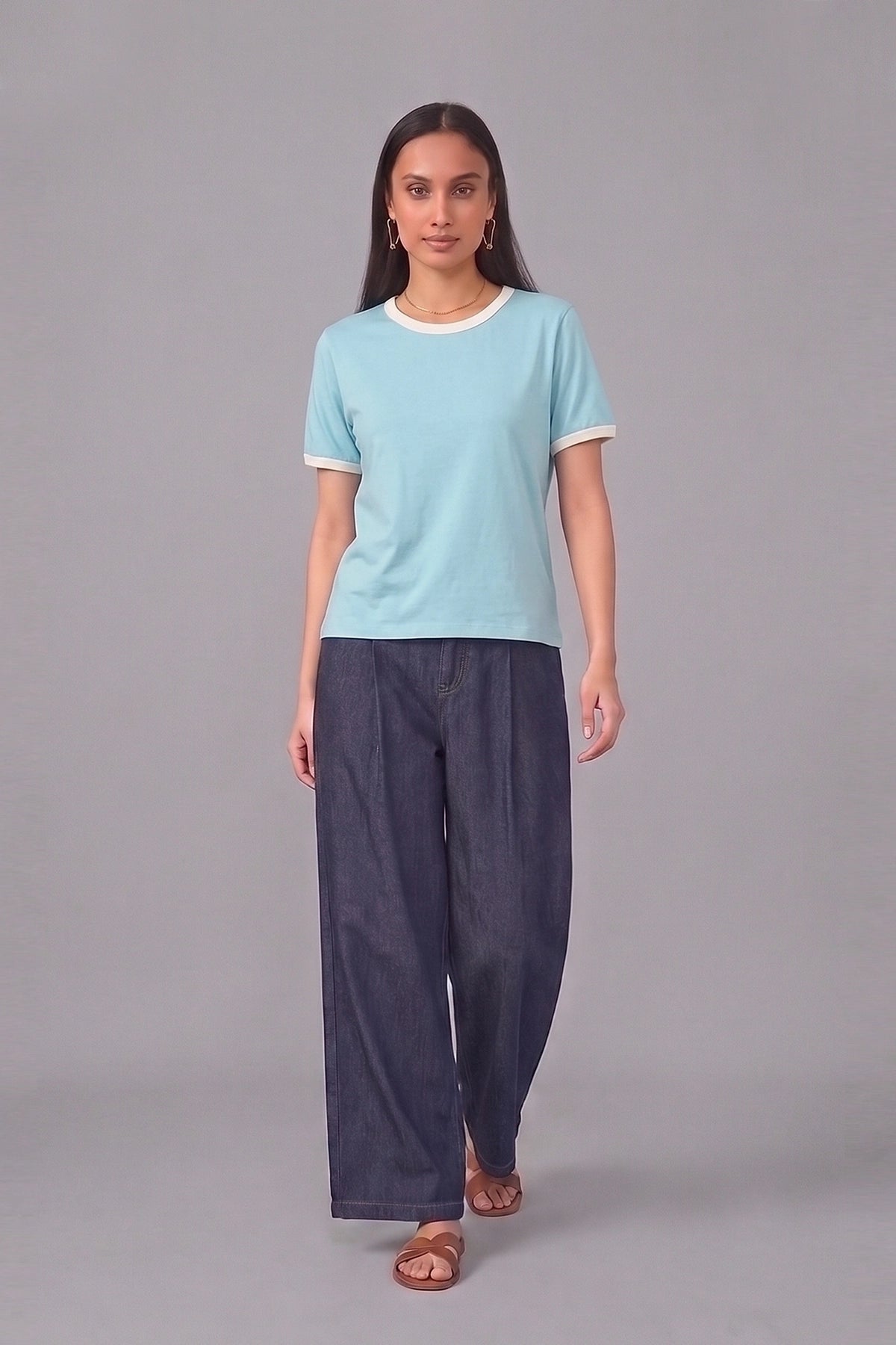 Women Contrast Ribbed Tee | Sky Blue