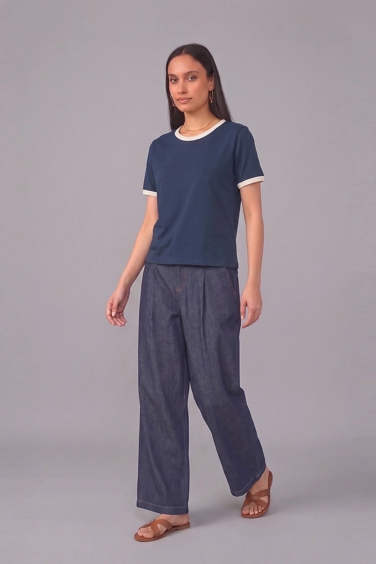 Women Contrast Ribbed Tee | Navy Blue
