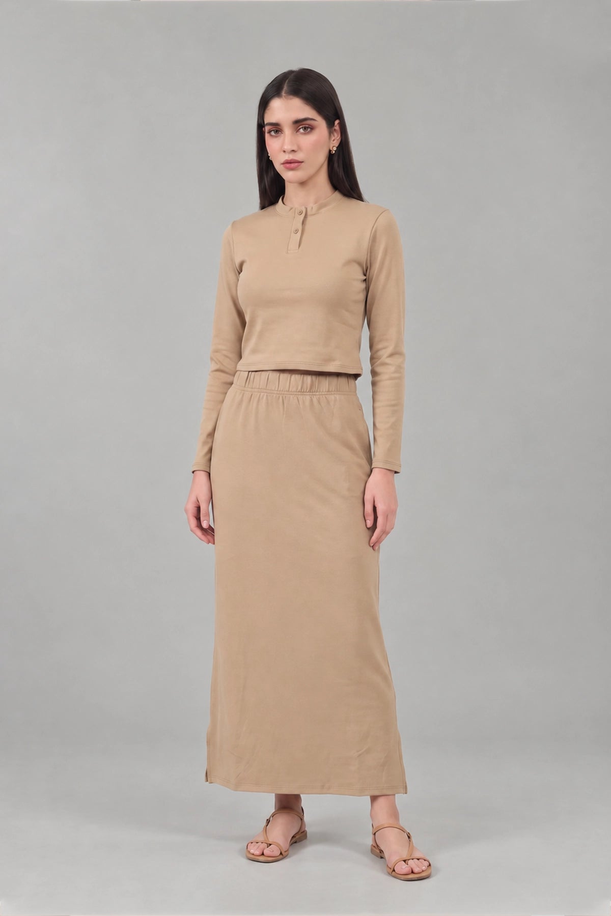 Minimal Soft Skirt Co-ord Set / Camel Brown