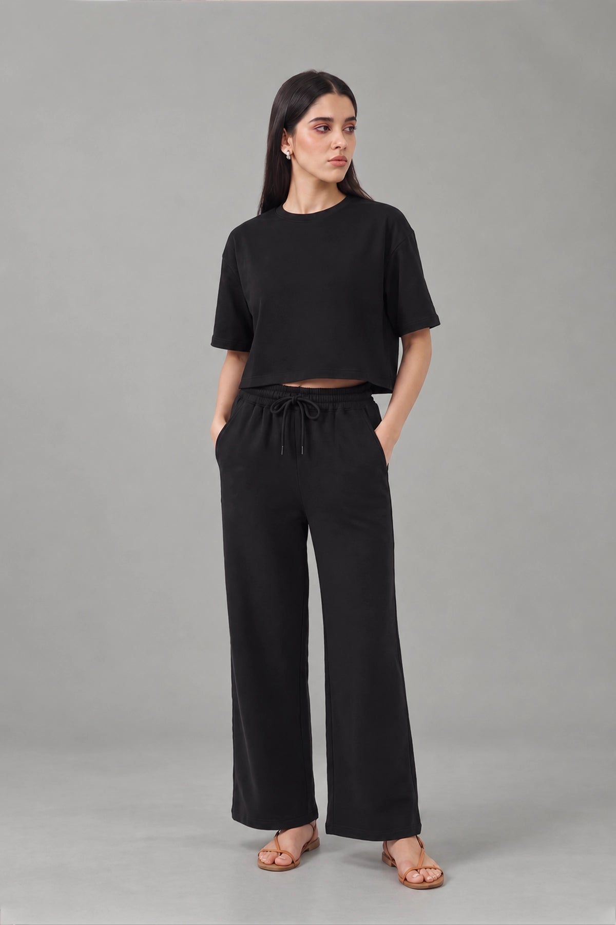 Relaxed Cropped Lounge Co-ord Set / Black