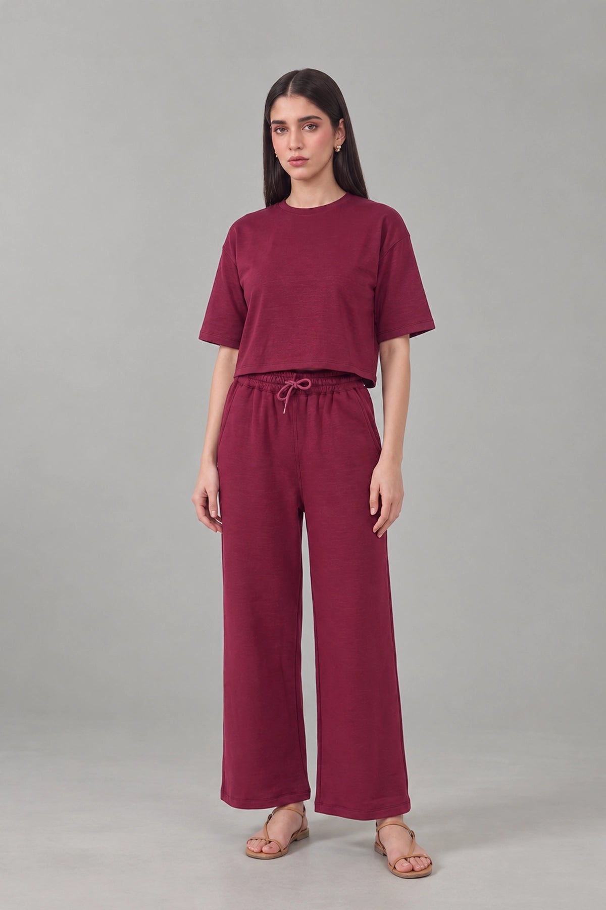 Relaxed Cropped Lounge Co-ord Set / Maroon
