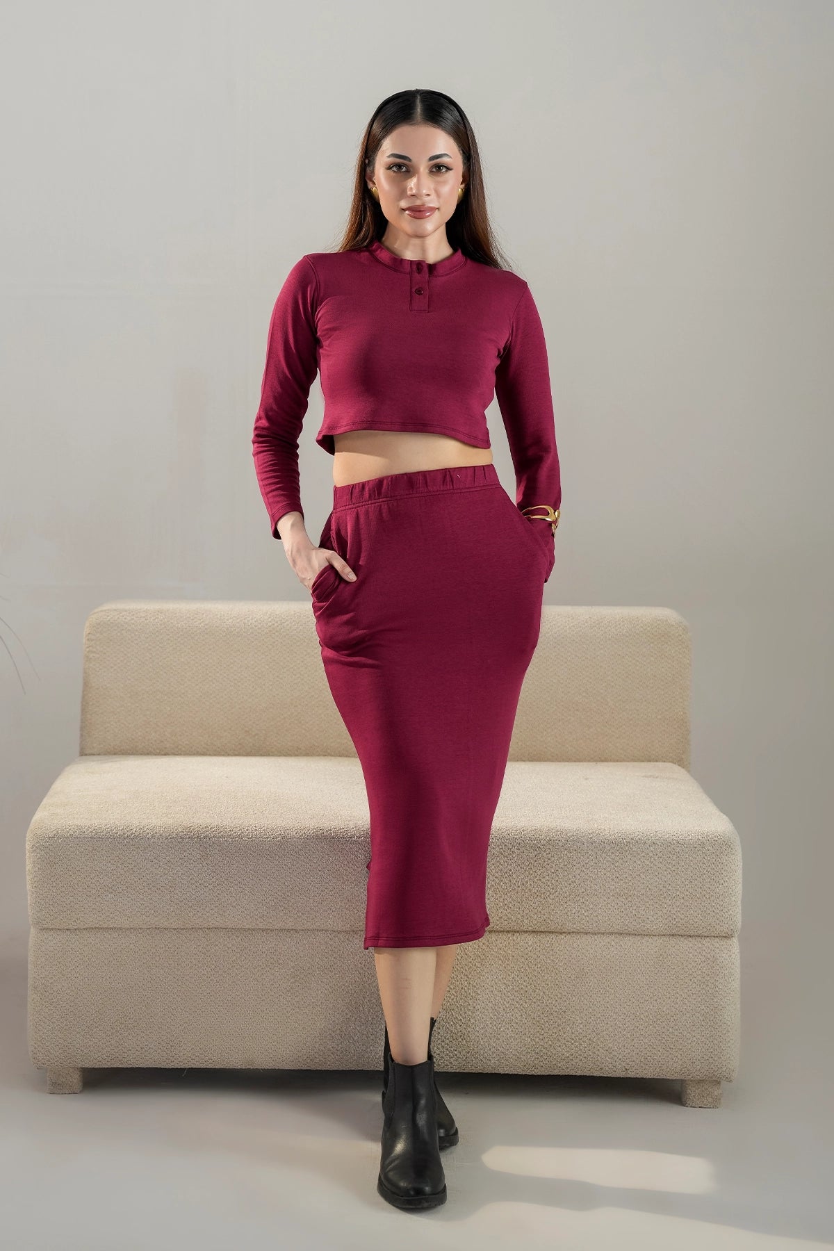 Minimal Soft Skirt Co-ord Set / Maroon